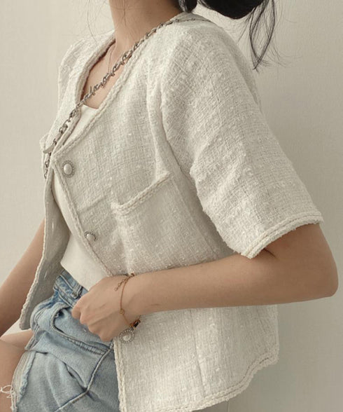 ツイード風ジャケットノーカラージャケット レディース パールボタン オフィス夏服 ショート丈アウター フォーマル カーディガン きれいめ羽織り サマージャケット夏 86SSJL-022